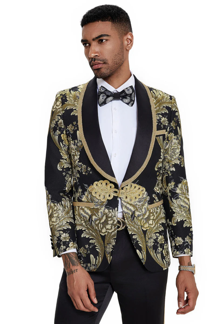 Mens One Button Shawl Lapel Wedding Prom Tuxedo in Shiny Black Paisley - USA Men's Outlet