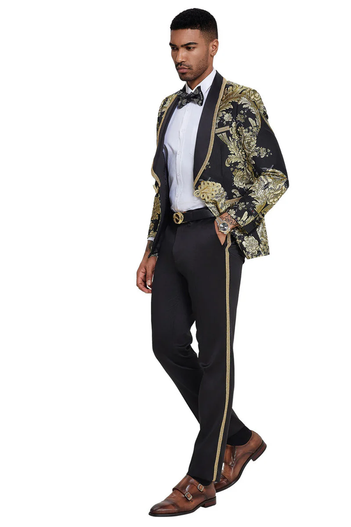 Mens One Button Shawl Lapel Wedding Prom Tuxedo in Shiny Black Paisley - USA Men's Outlet