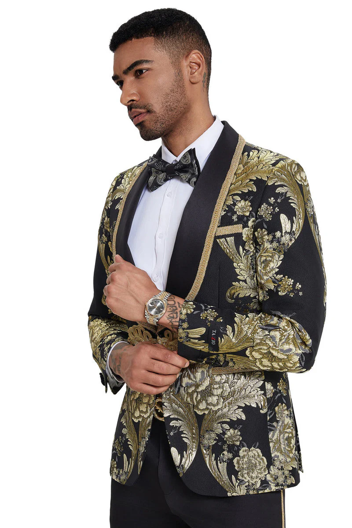 Mens One Button Shawl Lapel Wedding Prom Tuxedo in Shiny Black Paisley - USA Men's Outlet