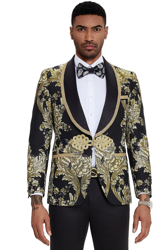Mens One Button Shawl Lapel Wedding Prom Tuxedo in Shiny Black Paisley - USA Men's Outlet
