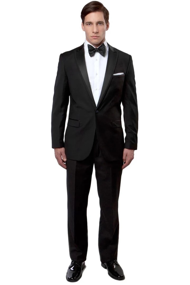 Black Prom Suit - Men's Slim Fit One Button Satin Trim Peak Lapel Black Tuxedo