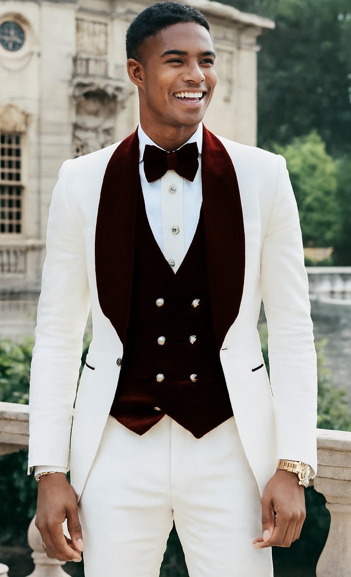 Wedding Tuxedo - Groom Suit - White and Burgundy Prom Suit by Men'sUSA
