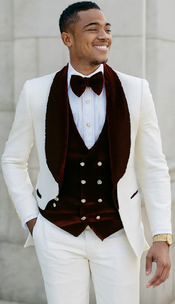 Wedding Tuxedo - Groom Suit - White and Burgundy Prom Suit by Men'sUSA