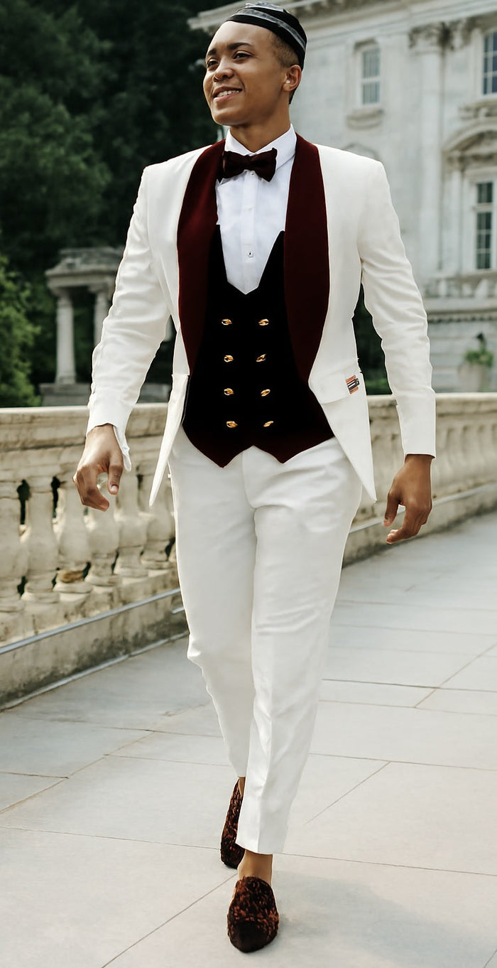 Wedding Tuxedo - Groom Suit - White and Burgundy Prom Suit by Men'sUSA