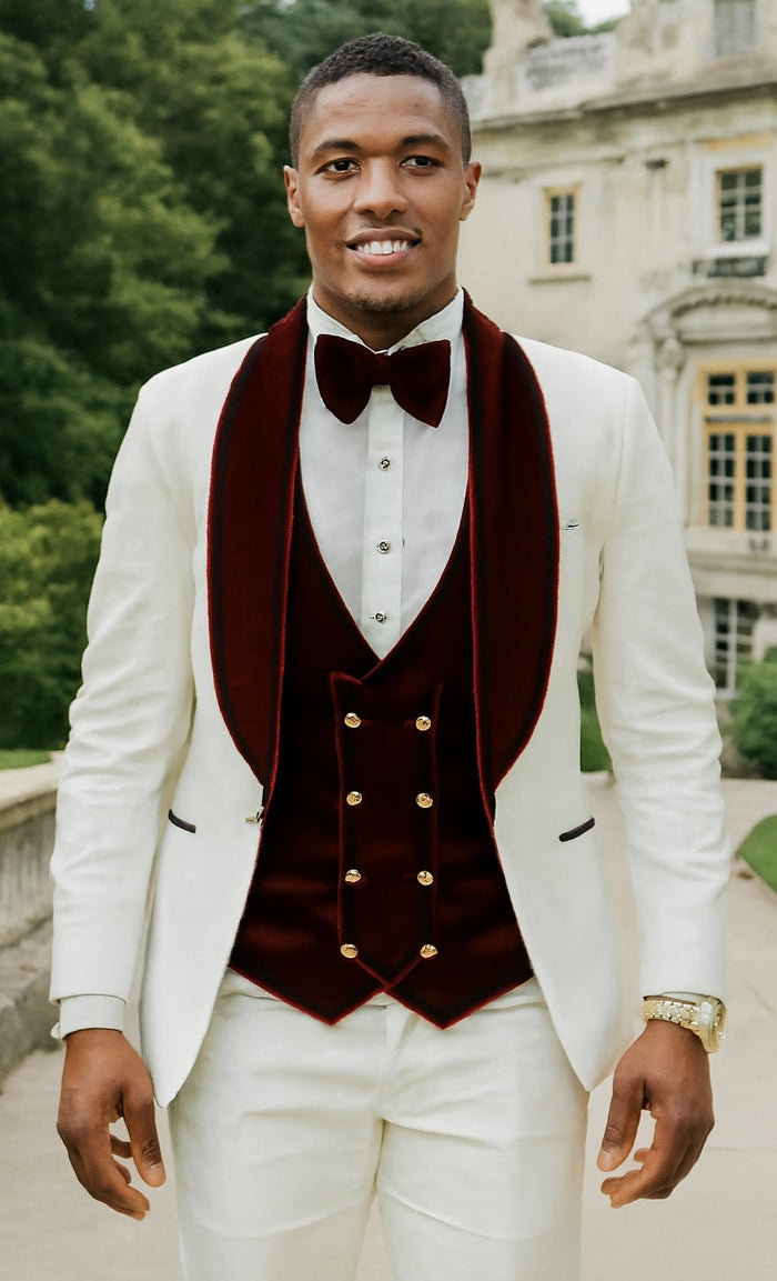 Wedding Tuxedo - Groom Suit - White and Burgundy Prom Suit by Men'sUSA