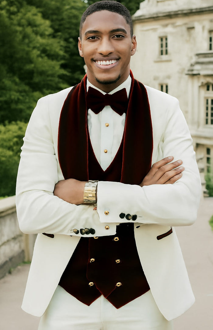 Wedding Tuxedo - Groom Suit - White and Burgundy Prom Suit by Men'sUSA