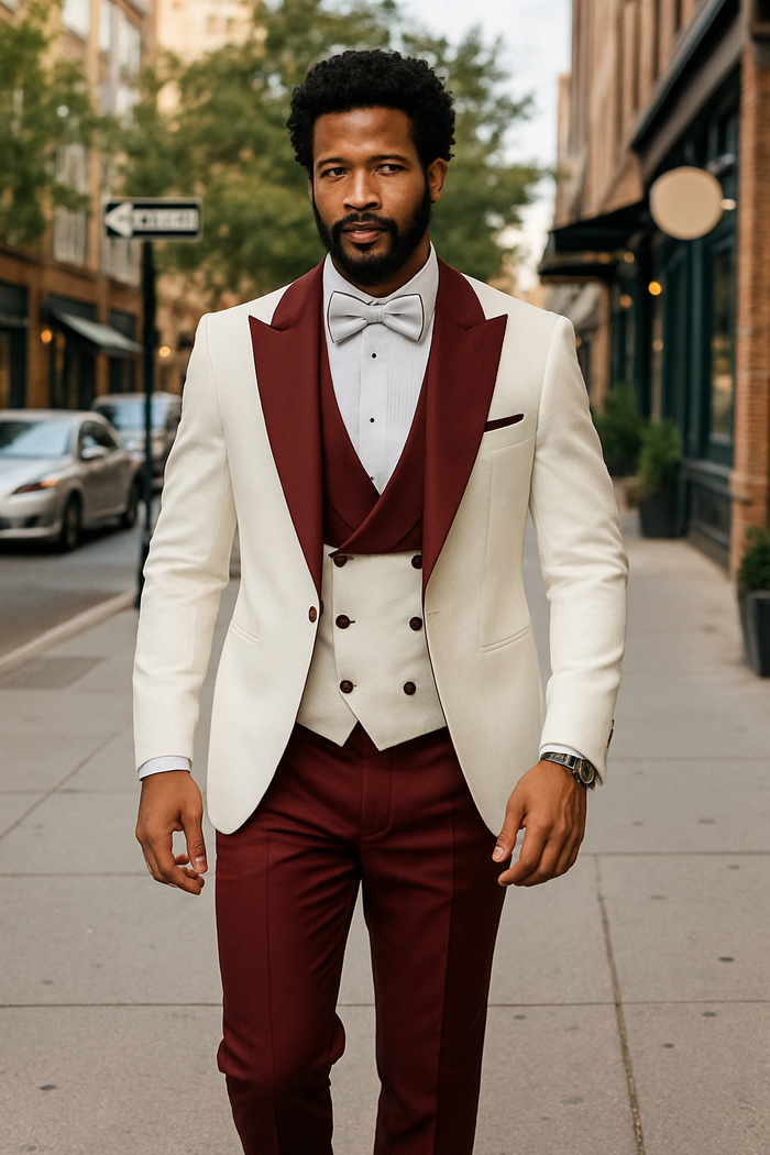 Hilton White and Burgundy Paisley Peak Lapel Tuxedo Jacket with Matching Shawl Vest and Wool Pants - Includes Bow Tie by USA Men's Outlet