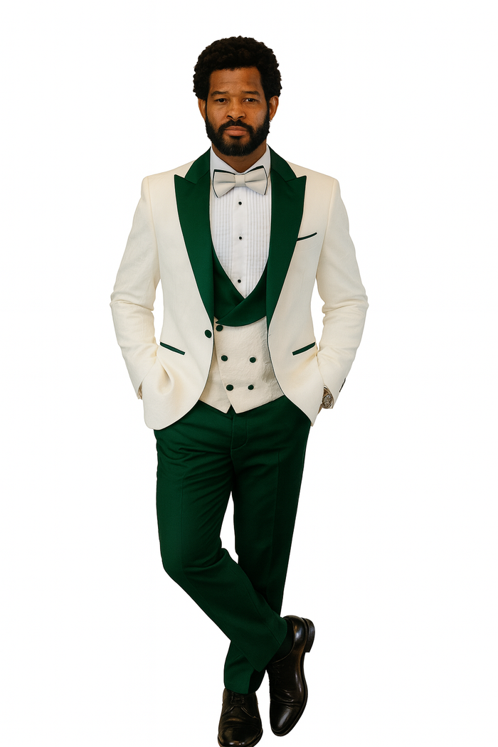 Hilton White and Hunter Green Paisley Peak Lapel Tuxedo Jacket with Matching Shawl Vest and Wool Pants - Includes Bow Tie by USA Men's Outlet