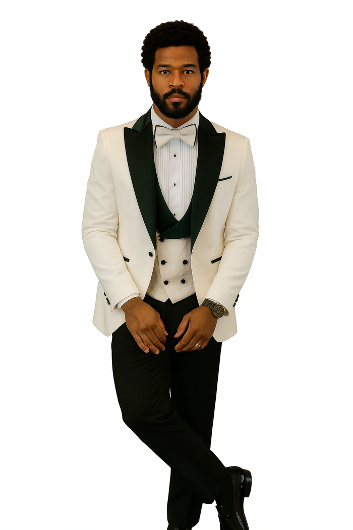 Hilton White and Black Paisley Peak Lapel Tuxedo Jacket with Matching Shawl Vest and Wool Pants - Includes Bow Tie by USA Men's Outlet