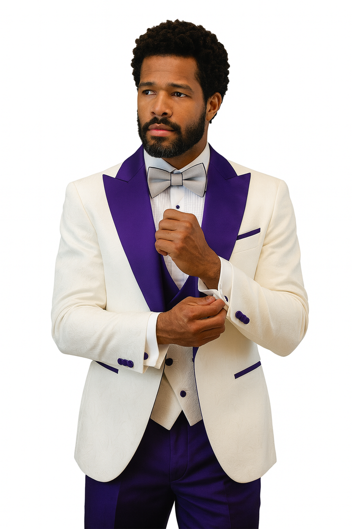 Hilton White and Purple Paisley Peak Lapel Tuxedo Jacket with Matching Shawl Vest and Wool Pants - Includes Bow Tie by USA Men's Outlet