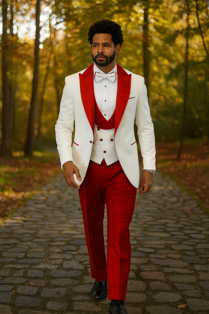 Hilton White and Red Paisley Peak Lapel Tuxedo Jacket with Matching Shawl Vest and Wool Pants - Includes Bow Tie by USA Men's Outlet