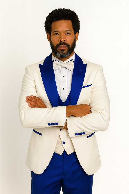 Hilton White and Royal Blue Paisley Peak Lapel Tuxedo Jacket with Matching Shawl Vest and Wool Pants - Includes Bow Tie by USA Men's Outlet