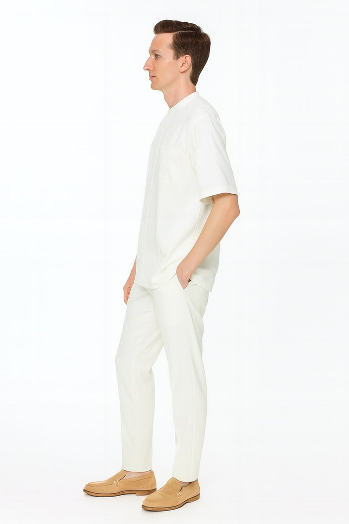 Mens White Banded Collar Two-Piece Set - Short Sleeve Shirt and Pants Banded Collar Linen Fabric by USA Men's Outlet