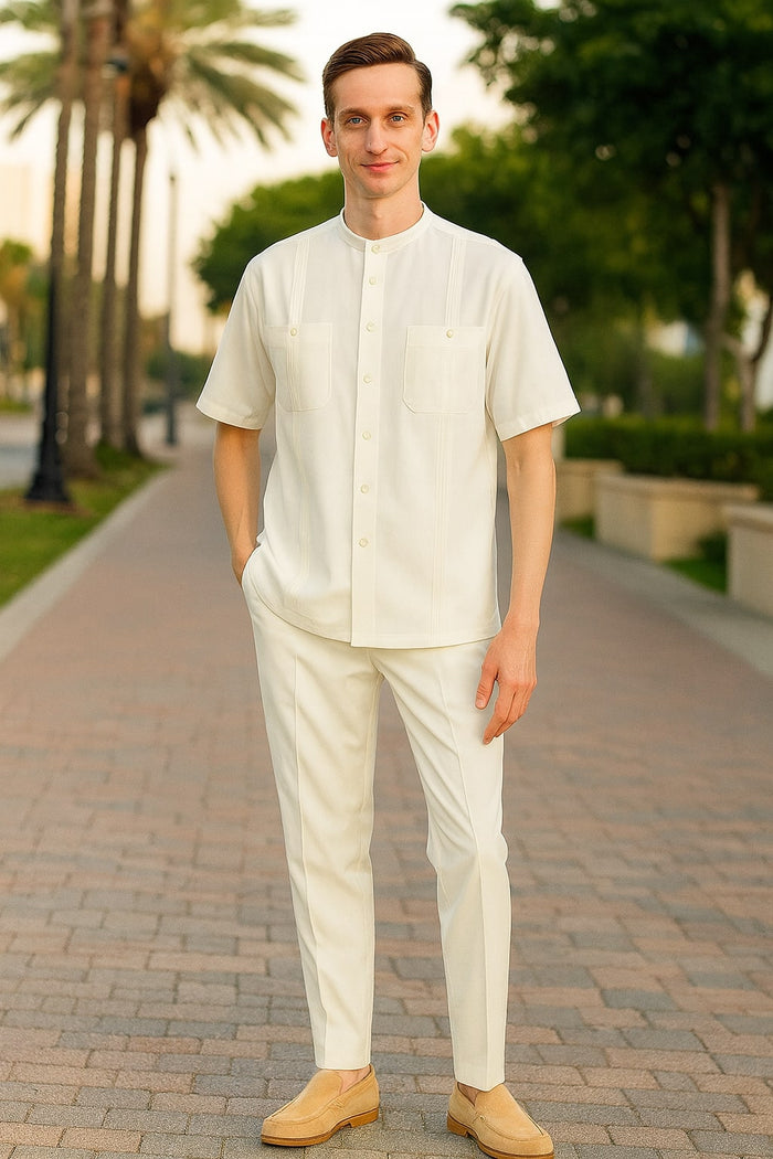 Mens White Banded Collar Two-Piece Set - Short Sleeve Shirt and Pants Banded Collar Linen Fabric by USA Men's Outlet