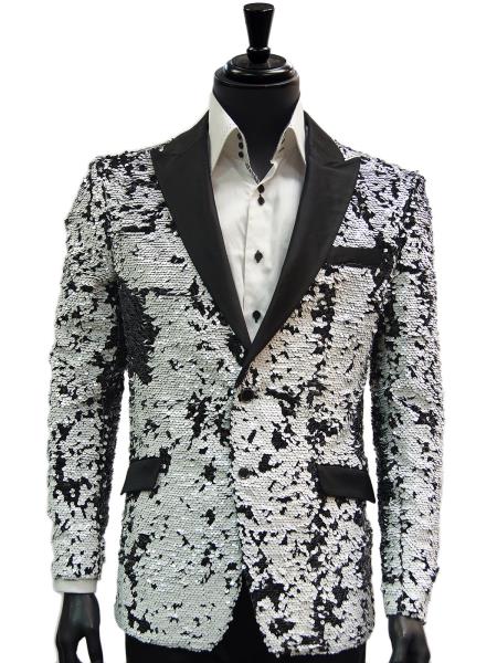 White and Black Two Toned Sequin Dinner Jacket Blazer ~ Sport coat by mensusa