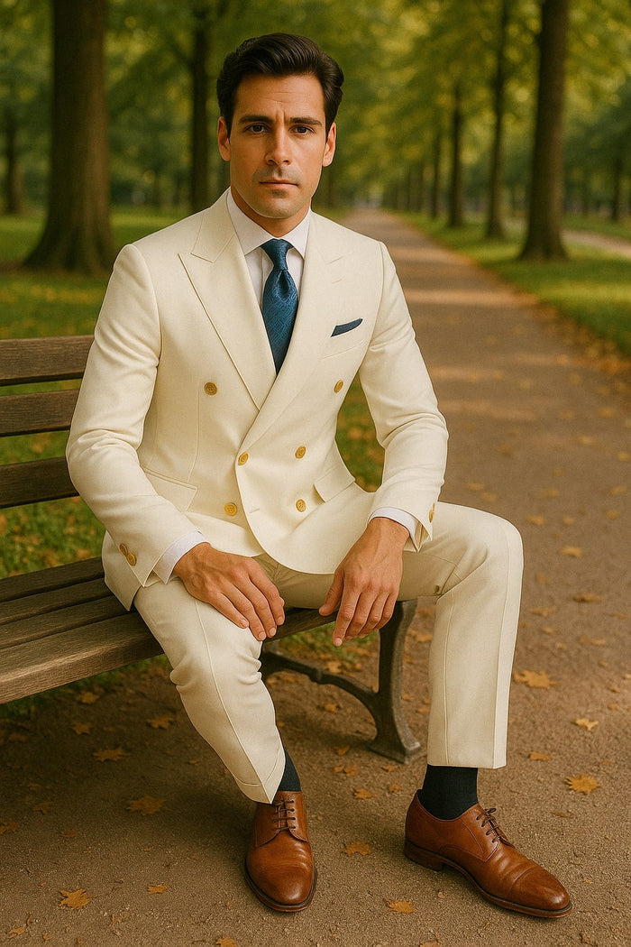 Mens White Double-Breasted Suit with Gold Buttons - Formal Slim Fit 2-Piece Set by USA Men's Outlet