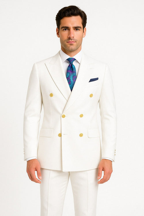Mens White Double-Breasted Suit with Gold Buttons - Formal Slim Fit 2-Piece Set by USA Men's Outlet