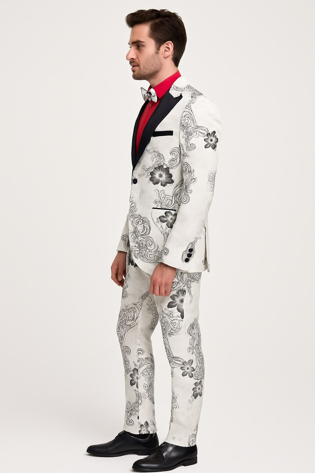 Mens White Floral Tuxedo with Black Lapel – 3-Piece Designer Prom Suit Wedding Suit