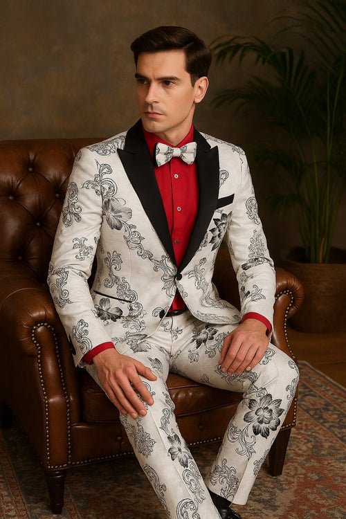 Mens White Floral Tuxedo with Black Lapel – 3-Piece Designer Prom Suit Wedding Suit