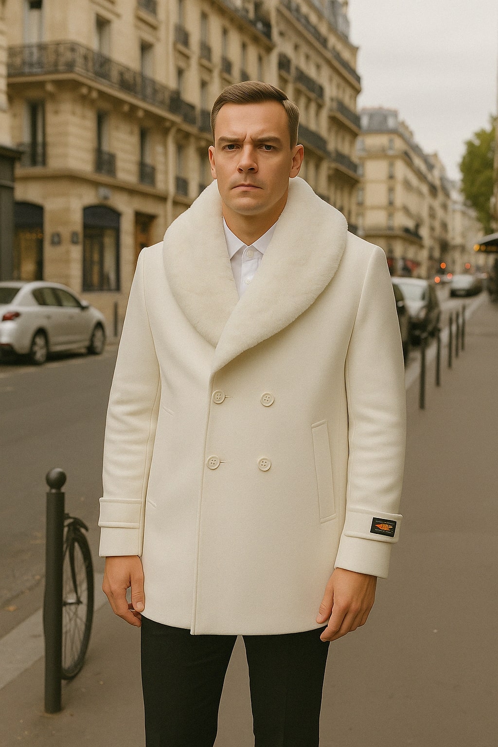 Mens White Peacoat Double-Breasted Overcoat with Faux Fur Shawl Collar - Alberto Nardoni Collection Wool Fabric USA Men's Outlet