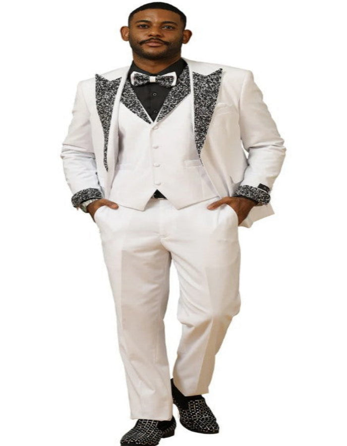 White Prom Tuxedo - Perfect Wedding Suit Vested Rhinestone Lapelled by USA Men's Outlet