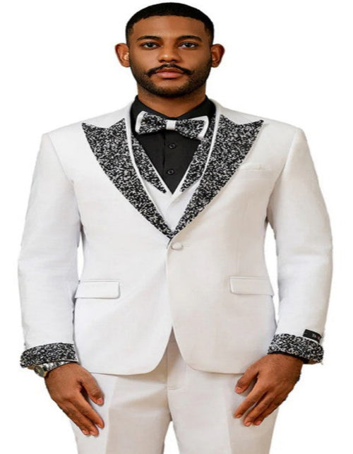 White Prom Tuxedo - Perfect Wedding Suit Vested Rhinestone sequin Lapelled