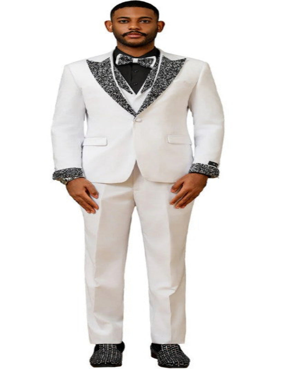 White Prom Tuxedo - Perfect Wedding Suit Vested Rhinestone Lapelled