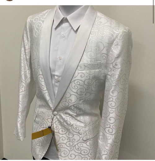 Men’s White Swirl Pattern Tuxedo Jacket with White Satin Shawl Lapel