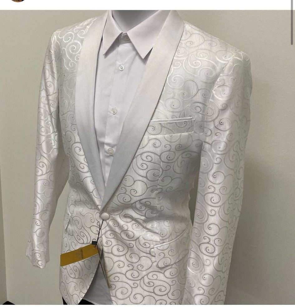 Men’s White Swirl Pattern Tuxedo Jacket with White Satin Shawl Lapel