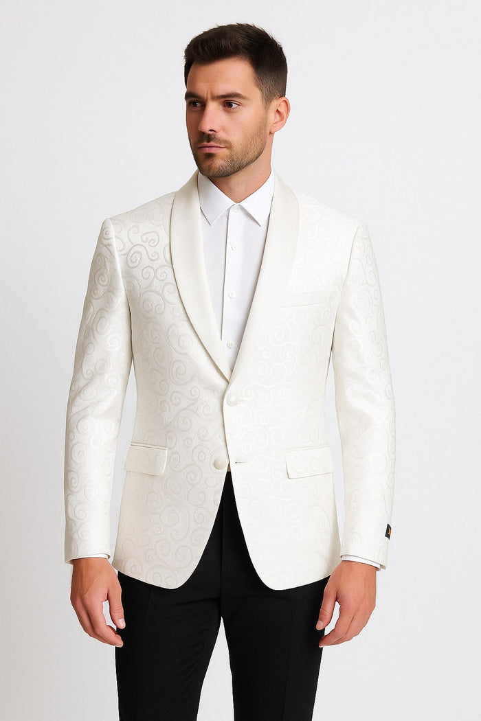 Men’s White Swirl Pattern Tuxedo Jacket with White Satin Shawl Lapel by USA Men's Outlet