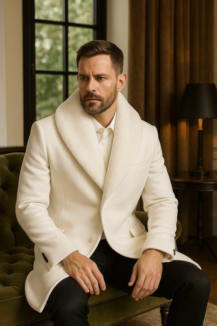 Mens White Wool Overcoat with Plush Faux Fur Shawl Collar - Alberto Nardoni Formal Winter Coat USA Men's Outlet