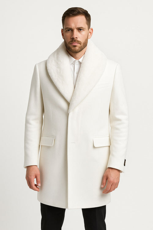 Mens White Wool Overcoat with Plush Faux Fur Shawl Collar - Alberto Nardoni Formal Winter Coat USA Men's Outlet