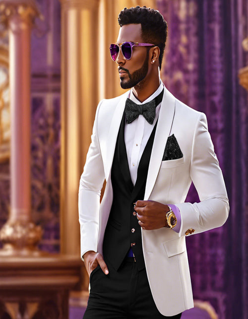 White and Black Tuxedo Wedding Suit - White Dinner Jacket + Vest + Pants + Bow-tie