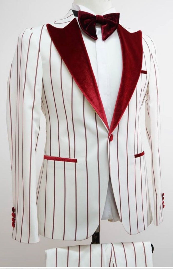 Mens White and Burgundy Pinstripe Tuxedo with Velvet Shawl Lapel and Matching Bow Tie by USA Men's Outlet