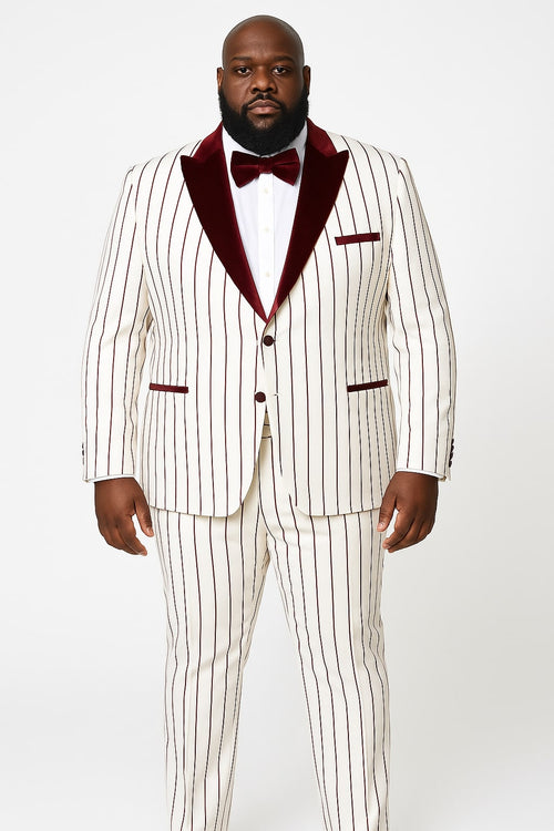 Mens White and Burgundy Pinstripe Tuxedo with Velvet Shawl Lapel and Matching Bow Tie