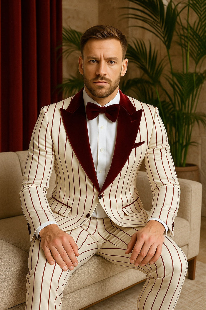 Mens White and Burgundy Pinstripe Tuxedo with Velvet Shawl Lapel and Matching Bow Tie by USA Men's Outlet