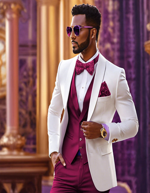 White and Burgundy Tuxedo Wedding Suit - White Dinner Jacket + Vest + Pants + Bow-tie