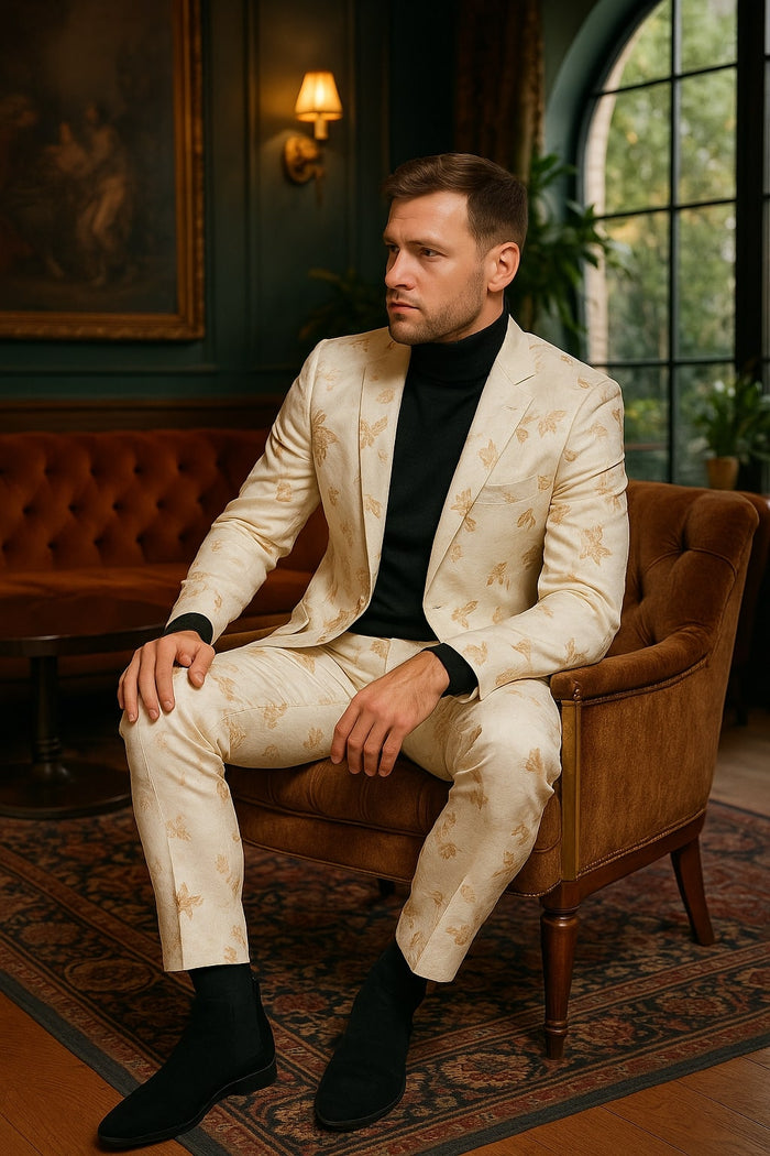 Mens White and Gold Embroidered Floral Suit - Prom Tuxedo Suit by USA Men's Outlet