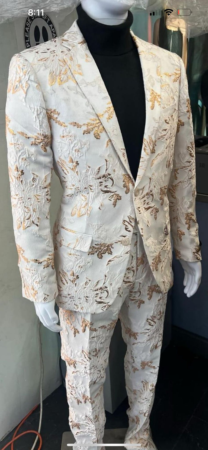 Mens White and Gold Embroidered Floral Suit - Prom Tuxedo Suit by USA Men's Outlet