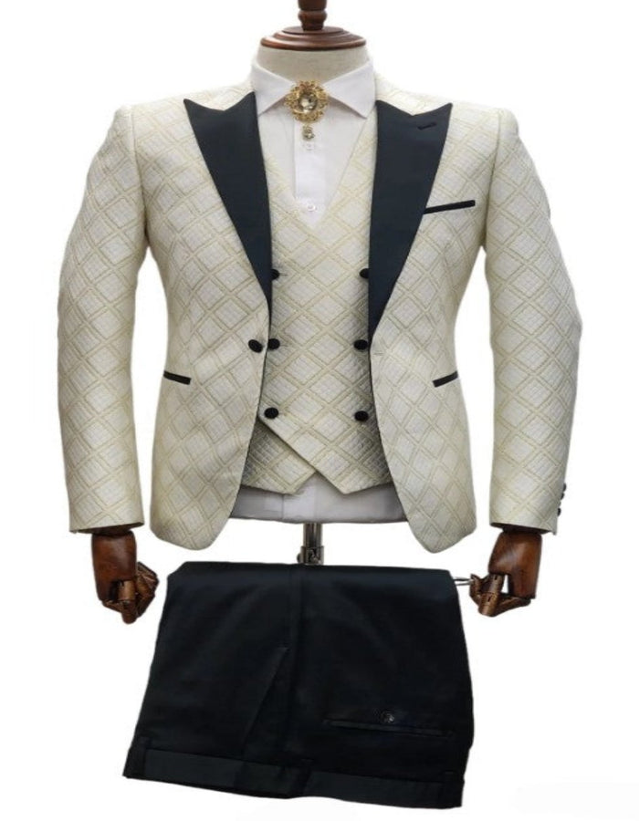 Ivory Wedding Suit - Cream Tuxedo Suit - Ivory Dinner Jacket Plus Pants White ~ Gold by USA Men's Outlet