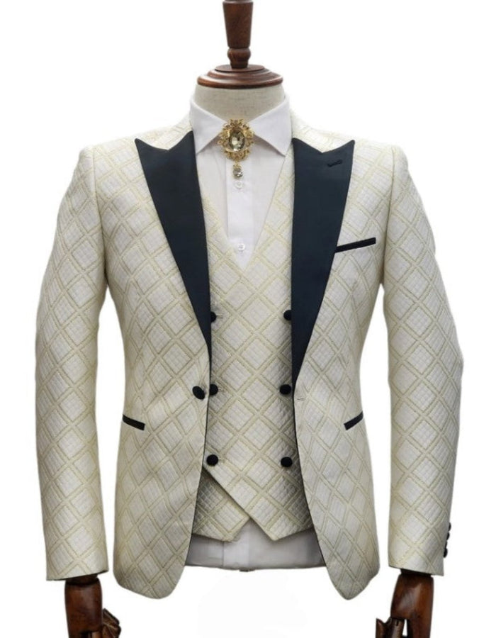 Ivory Wedding Suit - Cream Tuxedo Suit - Ivory Dinner Jacket Plus Pants White ~ Gold by USA Men's Outlet