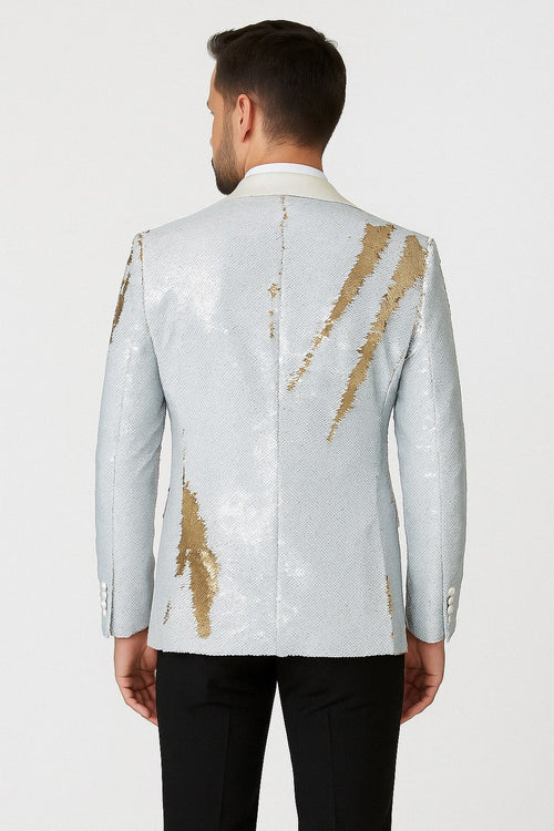 Mens White and Gold Reversible Sequin Tuxedo Jacket with Satin Lapel and Matching Bow Tie