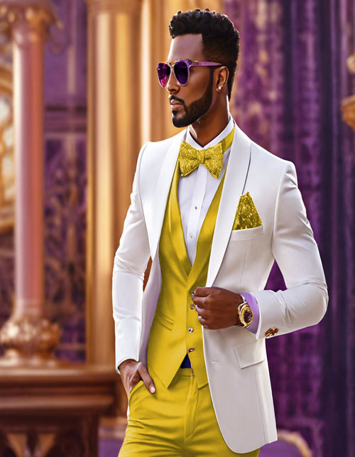 White and Gold Tuxedo Wedding Suit - White Dinner Jacket + Vest + Pants + Bow-tie by USA Men's Outlet
