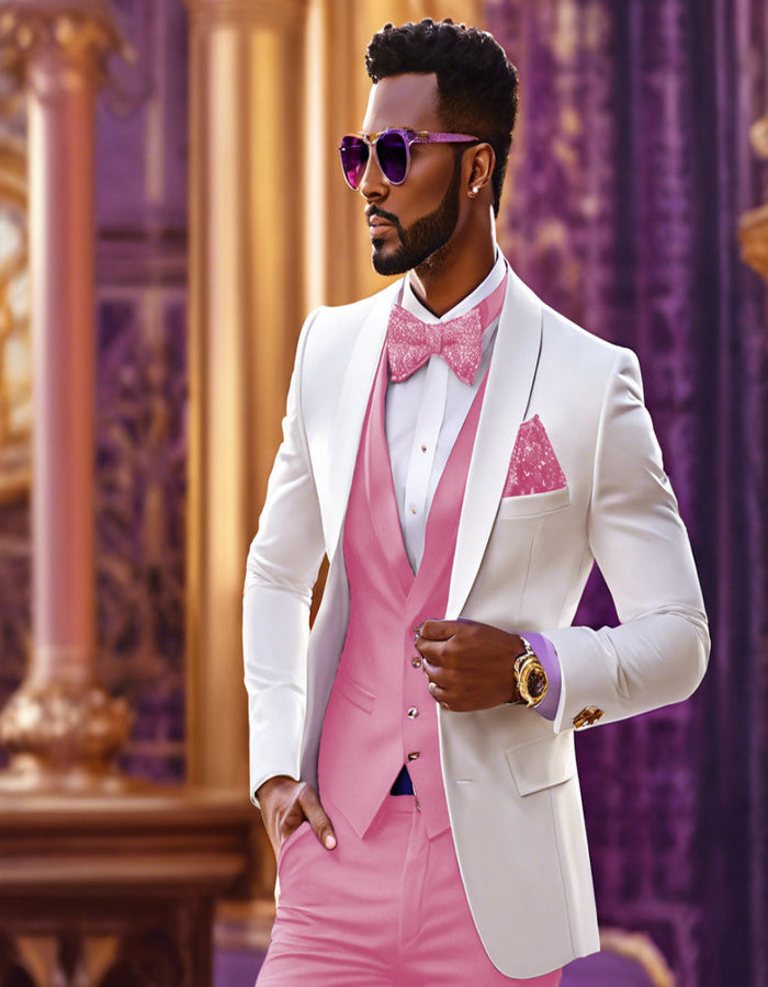 White and Light Pink Tuxedo Wedding Suit - White Dinner Jacket + Vest + Pants + Bow-tie by USA Men's Outlet
