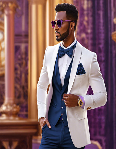 White and Navy Blue Tuxedo Wedding Suit - White Dinner Jacket + Vest + Pants + Bow-tie