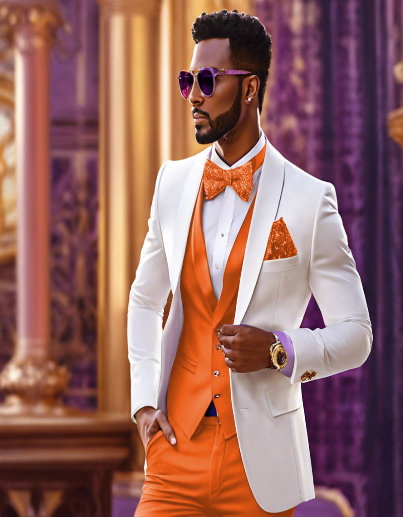 White and Orange Tuxedo Wedding Suit - White Dinner Jacket + Vest + Pants + Bow-tie