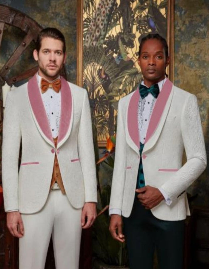 White and Pink Tuxedo - Prom Suit (Jacket + Pants + Vest + Bowtie Package) by USA Men's Outlet