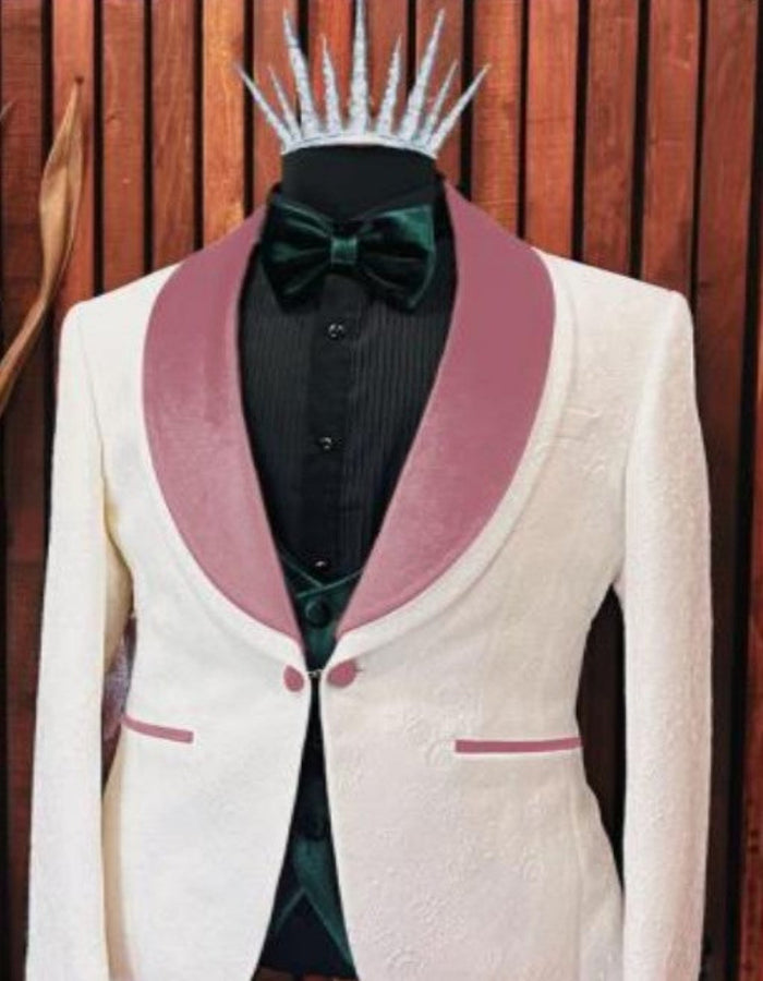 White and Pink Tuxedo - Prom Suit (Jacket + Pants + Vest + Bowtie Package) by USA Men's Outlet