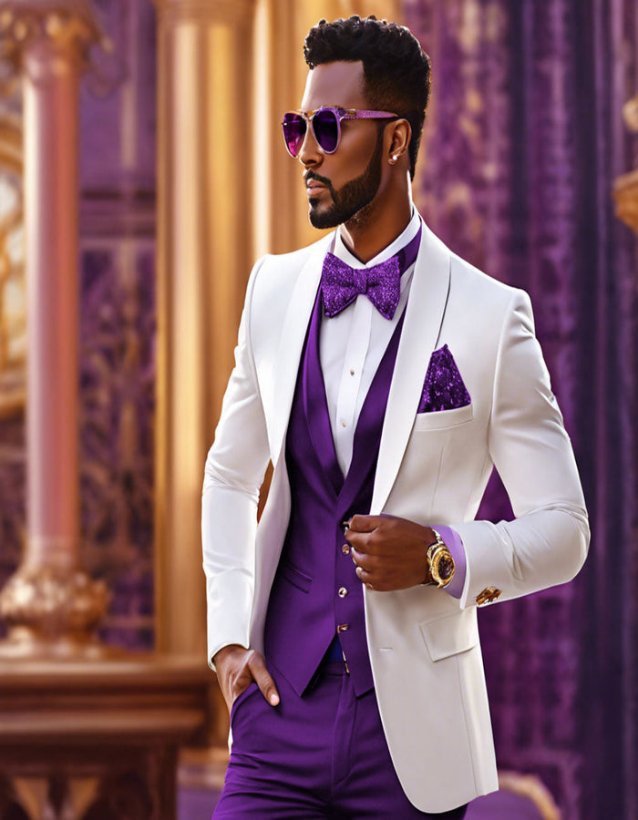 White and Purple Tuxedo Wedding Suit - White Dinner Jacket + Vest + Pants + Bow-tie by USA Men's Outlet