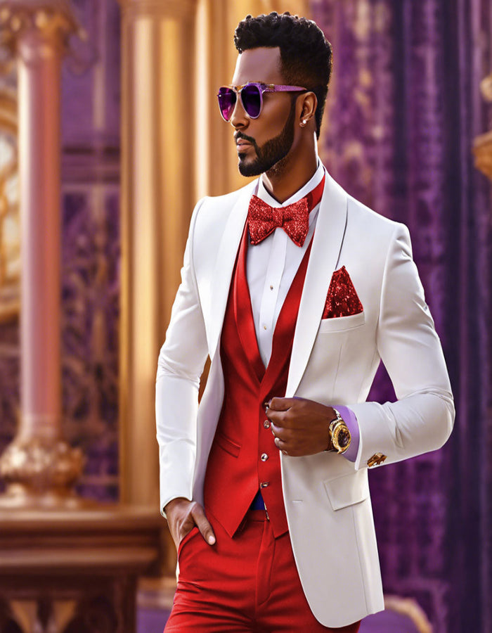 White and Red Tuxedo Wedding Suit - White Dinner Jacket + Vest + Pants + Bow-tie by USA Men's Outlet
